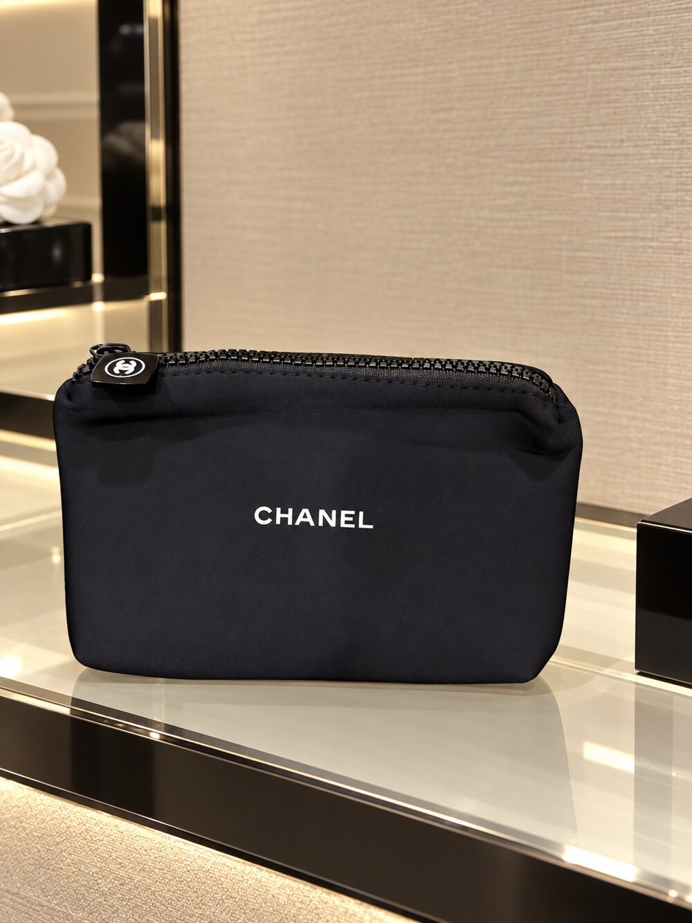 Chanel Black Zip Cosmetic Pouch | Polished Zip-Top Design